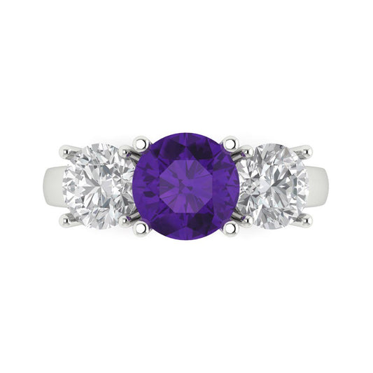 2.5 cttw Natural Amethyst Three-Stone Engagement Ring - Solid White Gold (VVS1, Round Cut,7.5mm)