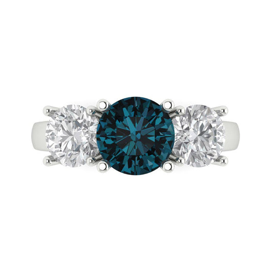 2.5 cttw Natural London Blue Topaz Three-Stone Engagement Ring - Solid White Gold (VVS1, Round Cut,7.5mm)