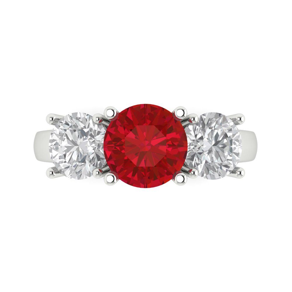 2.5 cttw Simulated Ruby Three-Stone Engagement Ring - Solid White Gold (VVS1, Round Cut,7.5mm)