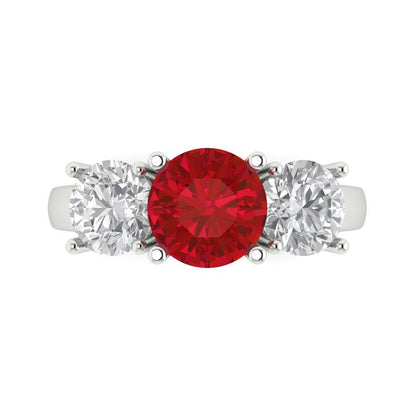 2.5 cttw Simulated Ruby Three-Stone Engagement Ring - Solid White Gold (VVS1, Round Cut,7.5mm)