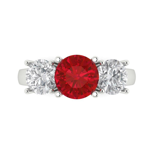 2.5 cttw Simulated Ruby Three-Stone Engagement Ring - Solid White Gold (VVS1, Round Cut,7.5mm)