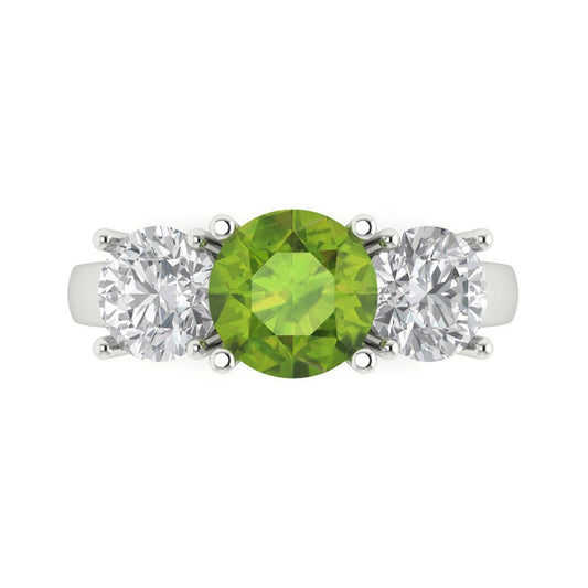 2.5 cttw Natural Peridot Three-Stone Engagement Ring - Solid White Gold (VVS1, Round Cut,7.5mm)