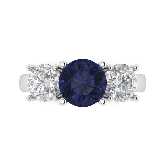 2.5 cttw Simulated Blue Sapphire Three-Stone Engagement Ring - Solid White Gold (VVS1, Round Cut,7.5mm)