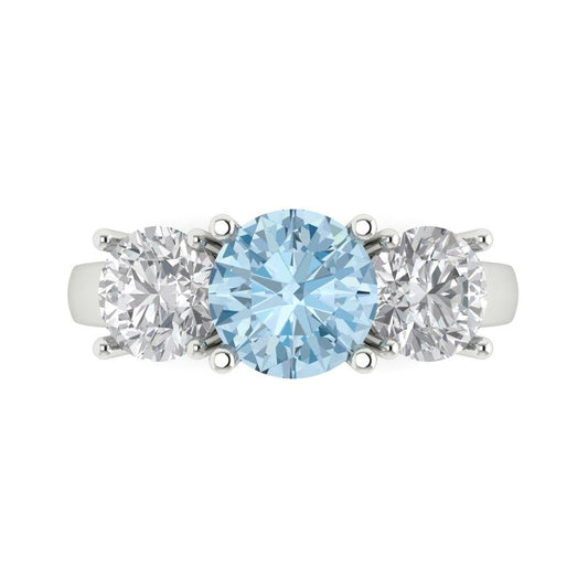 2.5 cttw Natural Aquamarine Three-Stone Engagement Ring - Solid White Gold (VVS1, Round Cut,7.5mm)