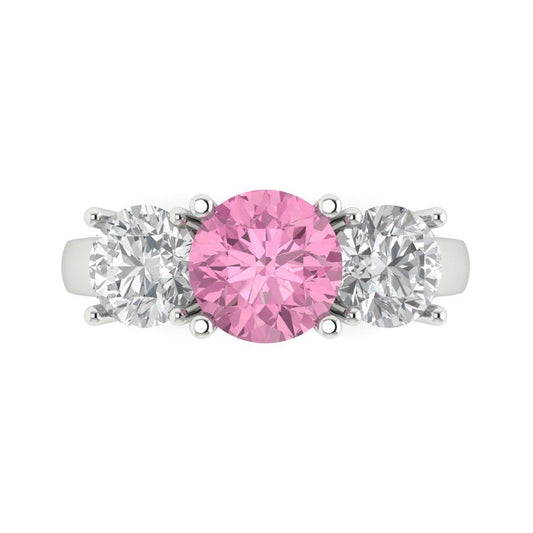 2.5 cttw Zirconia Simulated Pink Diamond Three-Stone Engagement Ring - Solid White Gold (VVS1, Round Cut,7.5mm)