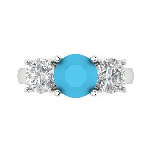 2.5 cttw Simulated Turquoise Three-Stone Engagement Ring - Solid White Gold (VVS1, Round Cut,7.5mm)