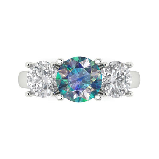 2.5 cttw Blue Moissanite Three-Stone Engagement Ring - Solid White Gold (VVS1, Round Cut,7.5mm)