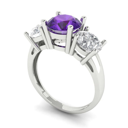 2.5 cttw Natural Amethyst Three-Stone Engagement Ring - Solid Gold (Round Cut,7.5mm)