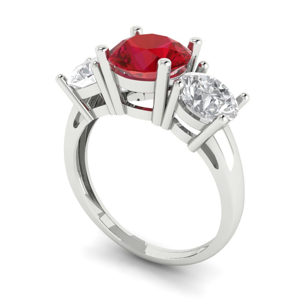 2.5 cttw Simulated Ruby Three-Stone Engagement Ring - Solid White Gold (VVS1, Round Cut,7.5mm)