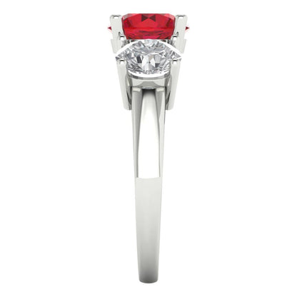 2.5 cttw Simulated Ruby Three-Stone Engagement Ring - Solid White Gold (VVS1, Round Cut,7.5mm)