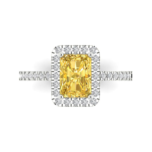1.86 cttw Zirconia Simulated Yellow Diamond Hidden Halo Engagement Ring - Solid White Gold (VVS1, Emerald Cut,7.5x5.5mm)