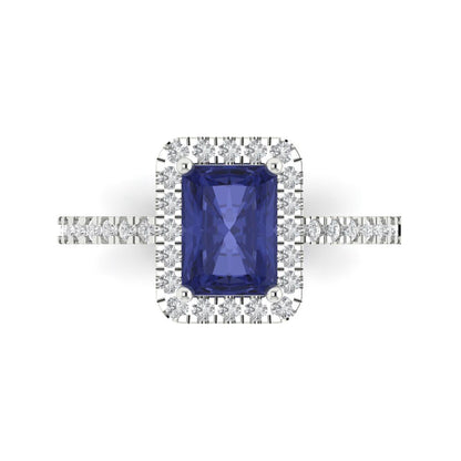 1.86 cttw Simulated Tanzanite Hidden Halo Engagement Ring - Solid Gold (Emerald Cut,7.5x5.5mm)