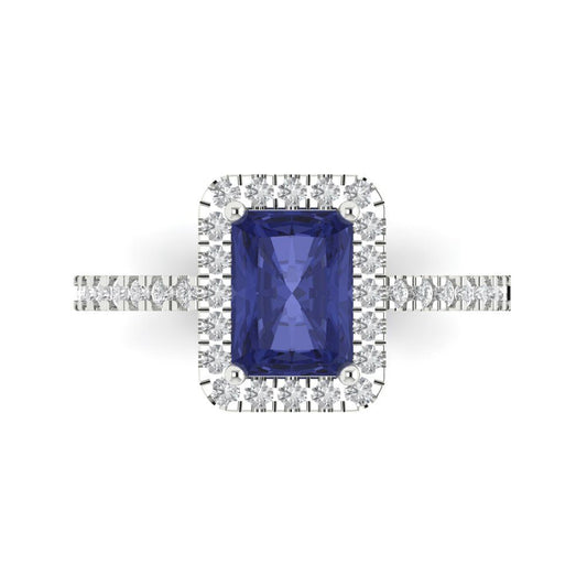 1.86 cttw Simulated Tanzanite Hidden Halo Engagement Ring - Solid White Gold (VVS1, Emerald Cut,7.5x5.5mm)