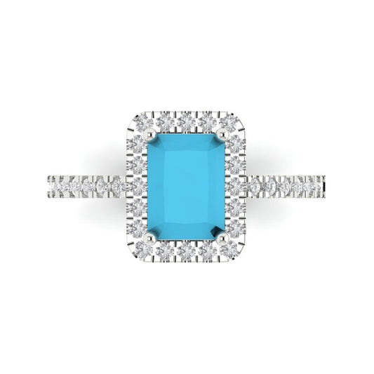1.86 cttw Simulated Turquoise Hidden Halo Engagement Ring - Solid White Gold (VVS1, Emerald Cut,7.5x5.5mm)