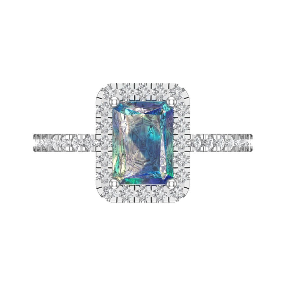 1.86 cttw Blue Moissanite Hidden Halo Engagement Ring - Solid Gold (Emerald Cut,7.5x5.5mm)