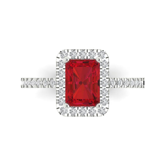 1.86 cttw Simulated Ruby Hidden Halo Engagement Ring - Solid White Gold (VVS1, Emerald Cut,7.5x5.5mm)