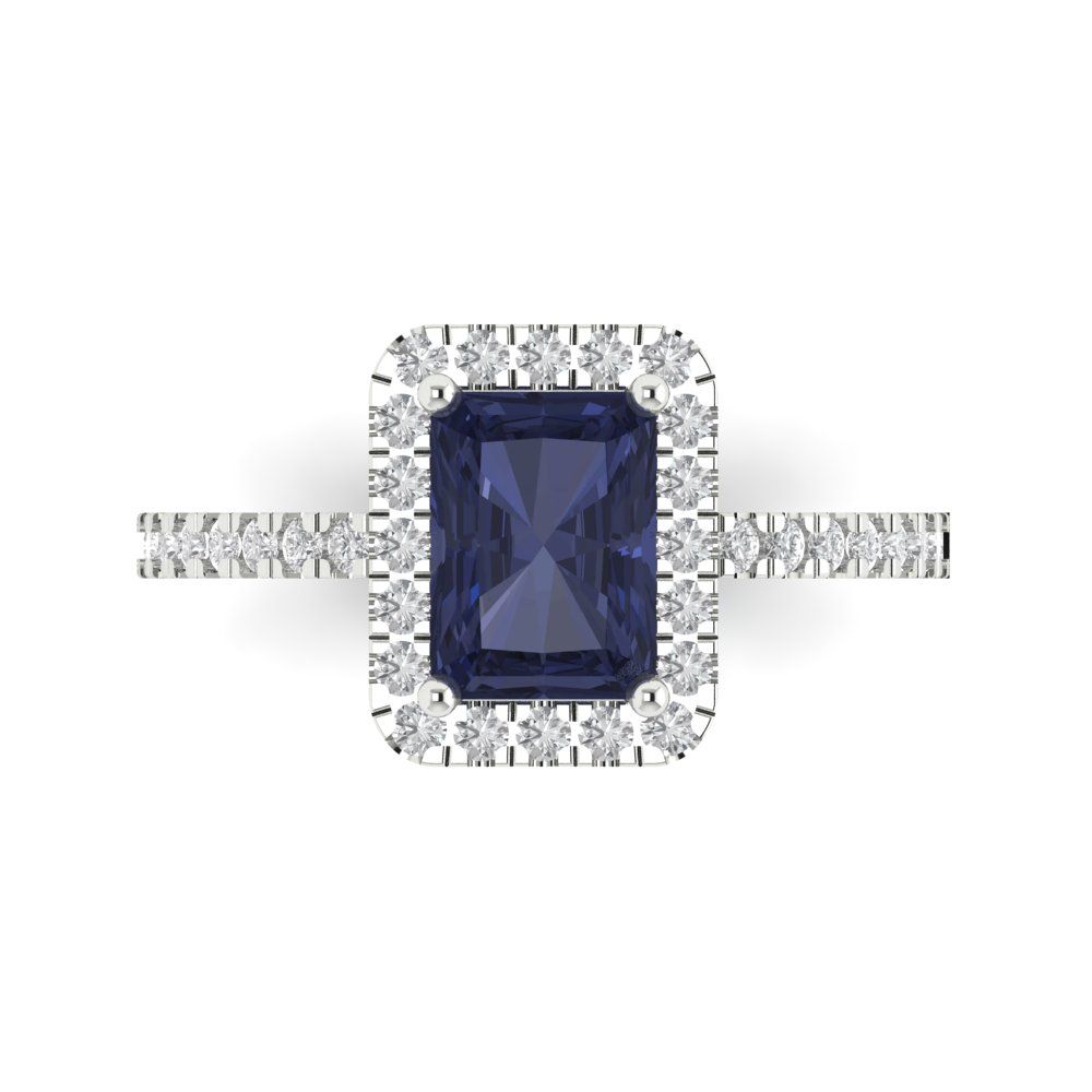 1.86 cttw Simulated Blue Sapphire Hidden Halo Engagement Ring - Solid Gold (Emerald Cut,7.5x5.5mm)