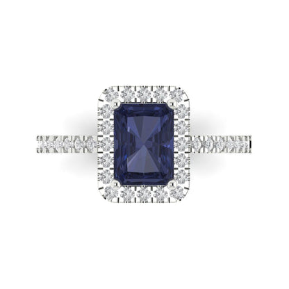 1.86 cttw Simulated Blue Sapphire Hidden Halo Engagement Ring - Solid Gold (Emerald Cut,7.5x5.5mm)