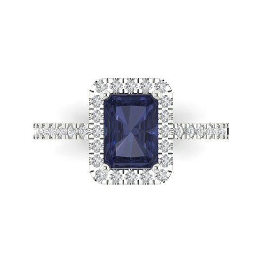 1.86 cttw Simulated Blue Sapphire Hidden Halo Engagement Ring - Solid White Gold (VVS1, Emerald Cut,7.5x5.5mm)