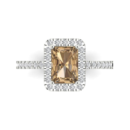 1.86 cttw Zirconia Simulated Champagne Diamond Hidden Halo Engagement Ring - Solid White Gold (VVS1, Emerald Cut,7.5x5.5mm)