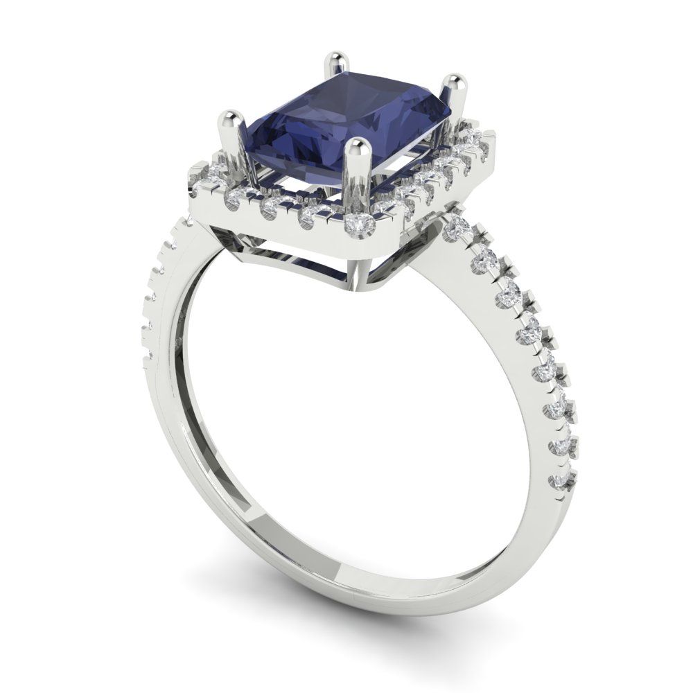1.86 cttw Simulated Blue Sapphire Hidden Halo Engagement Ring - Solid Gold (Emerald Cut,7.5x5.5mm)