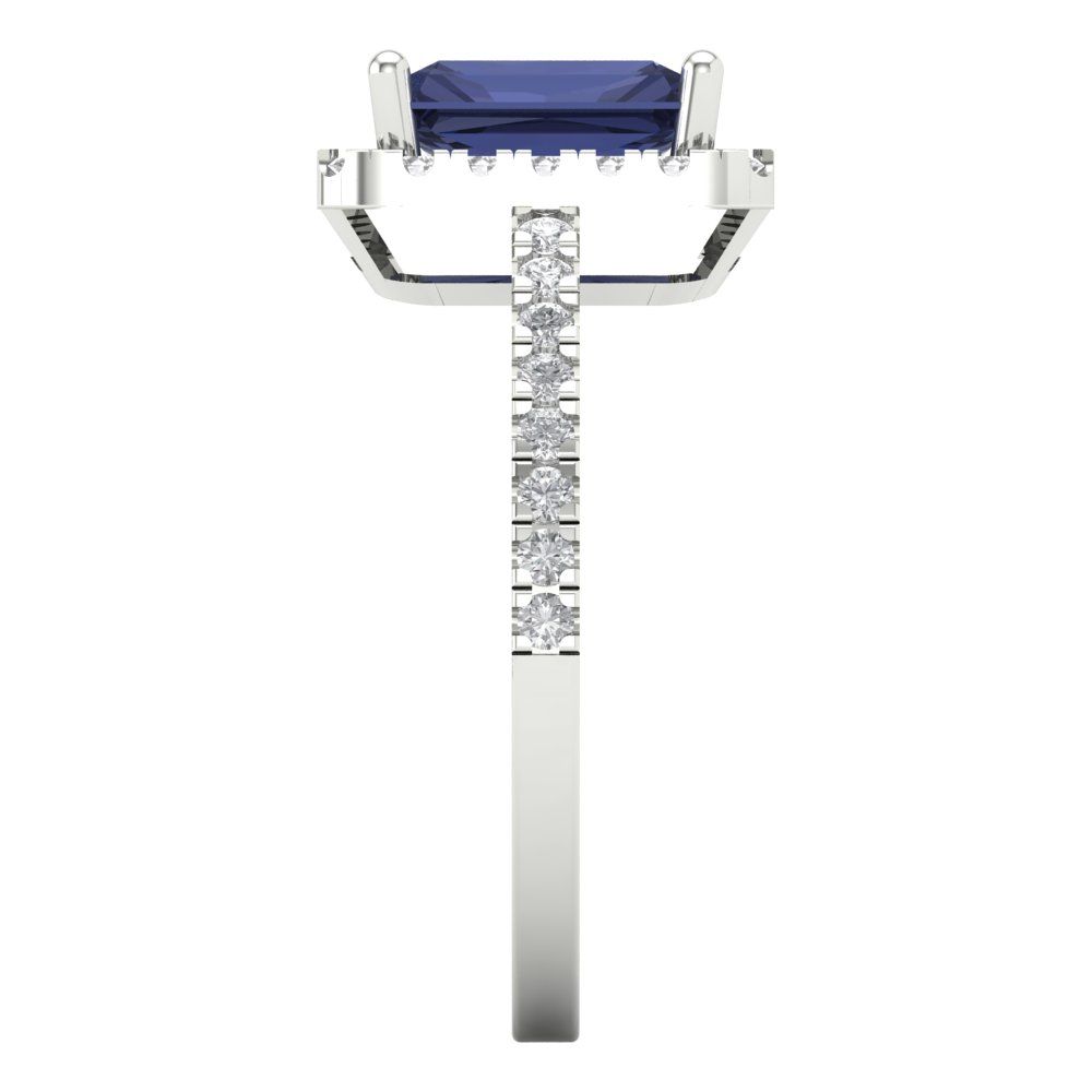 1.86 cttw Simulated Blue Sapphire Hidden Halo Engagement Ring - Solid Gold (Emerald Cut,7.5x5.5mm)