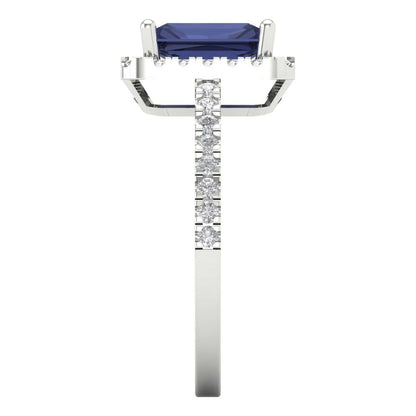 1.86 cttw Simulated Blue Sapphire Hidden Halo Engagement Ring - Solid Gold (Emerald Cut,7.5x5.5mm)
