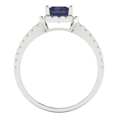1.86 cttw Simulated Blue Sapphire Hidden Halo Engagement Ring - Solid Gold (Emerald Cut,7.5x5.5mm)