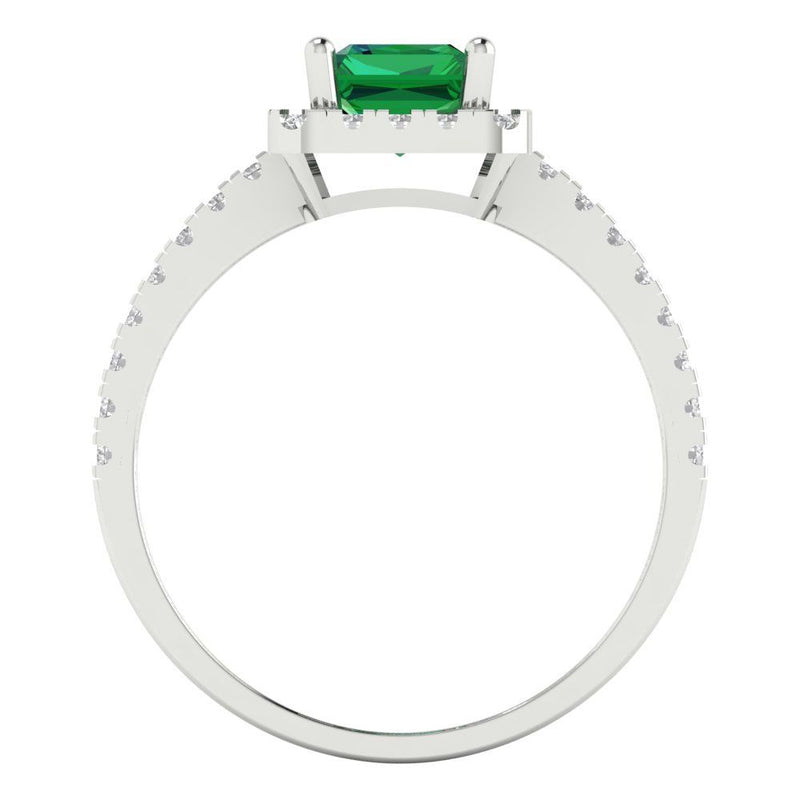 1.86 ct Brilliant Emerald Cut Simulated Emerald Stone White Gold Halo Solitaire with Accents Ring