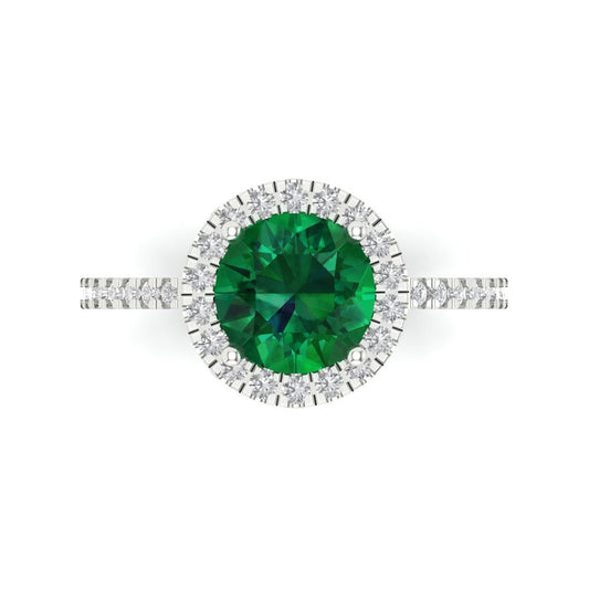 1.8 cttw Simulated Emerald Hidden Halo Engagement Ring - Solid White Gold (VVS1, Round Cut,7.5mm)