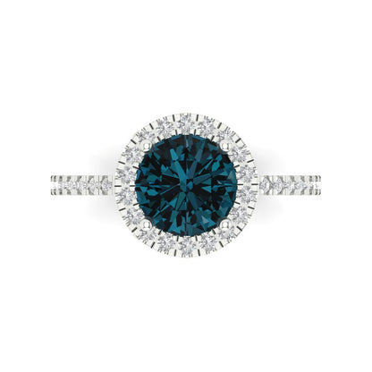 1.8 cttw Natural London Blue Topaz Hidden Halo Engagement Ring - Solid Gold (Round Cut,7.5mm)
