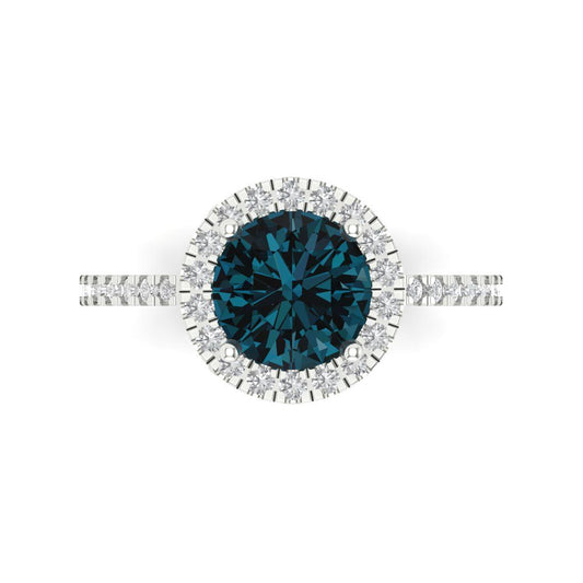 1.8 cttw Natural London Blue Topaz Hidden Halo Engagement Ring - Solid White Gold (VVS1, Round Cut,7.5mm)