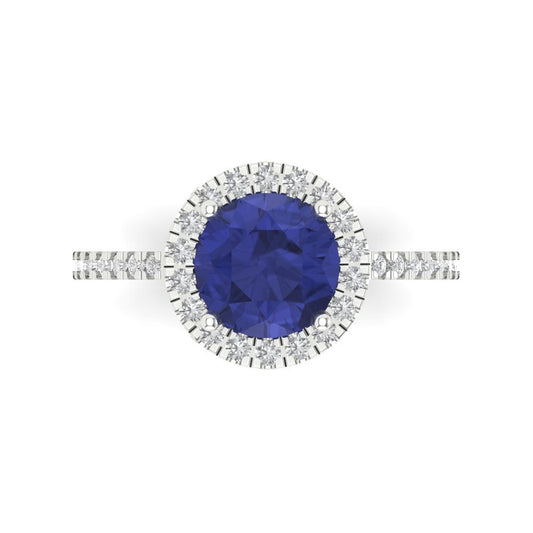 1.8 cttw Simulated Tanzanite Hidden Halo Engagement Ring - Solid White Gold (VVS1, Round Cut,7.5mm)