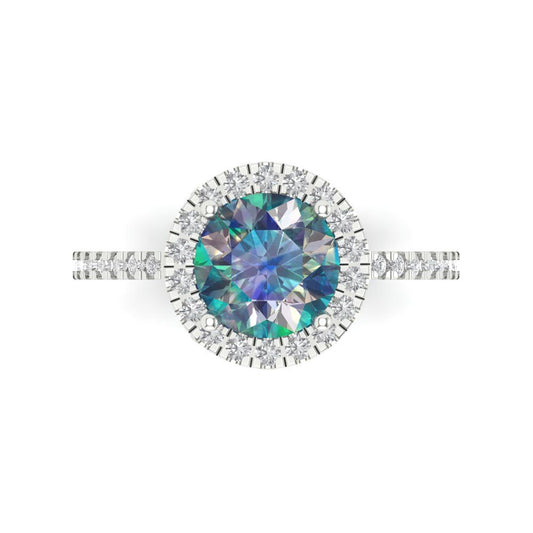 1.8 cttw Blue Moissanite Hidden Halo Engagement Ring - Solid White Gold (VVS1, Round Cut,7.5mm)