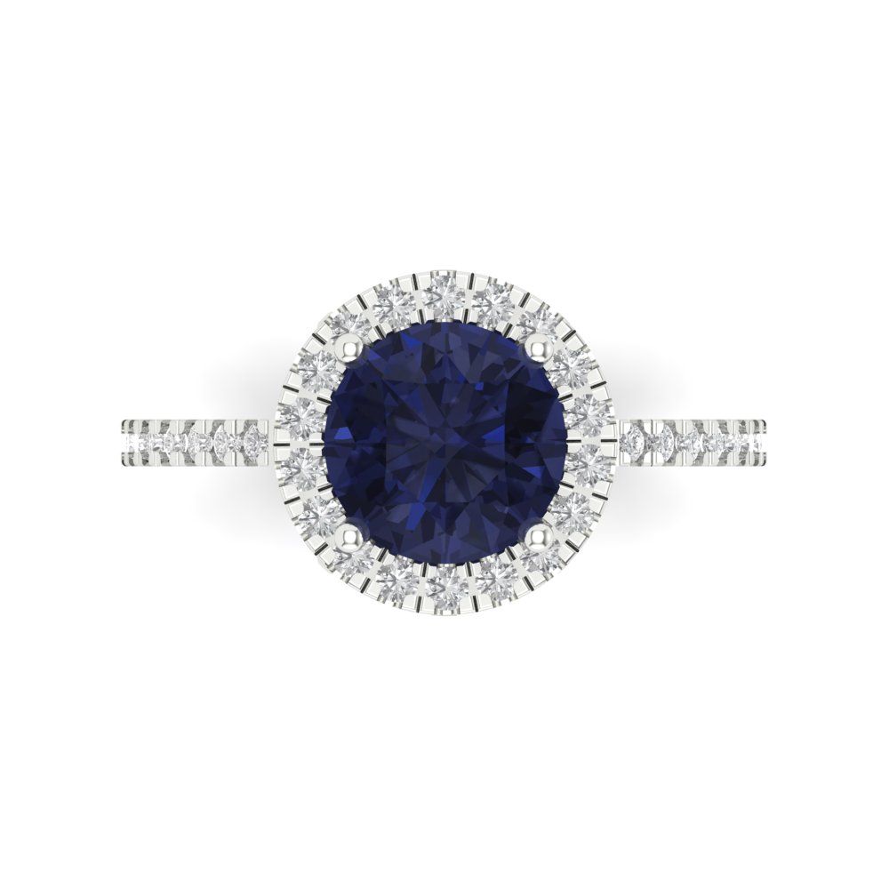 1.8 cttw Simulated Blue Sapphire Hidden Halo Engagement Ring - Solid Gold (Round Cut,7.5mm)
