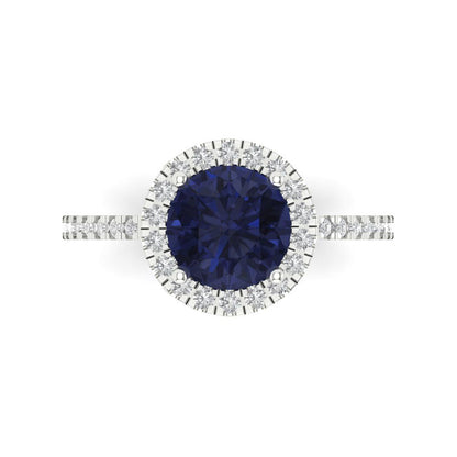 1.8 cttw Simulated Blue Sapphire Hidden Halo Engagement Ring - Solid Gold (Round Cut,7.5mm)