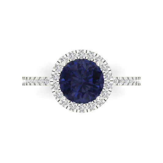 1.8 cttw Simulated Blue Sapphire Hidden Halo Engagement Ring - Solid White Gold (VVS1, Round Cut,7.5mm)