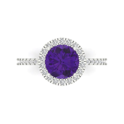 1.8 cttw Natural Amethyst Hidden Halo Engagement Ring - Solid Gold (Round Cut,7.5mm)