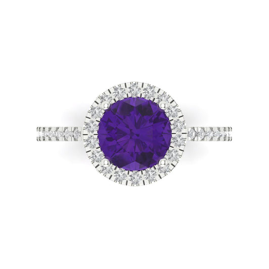 1.8 cttw Natural Amethyst Hidden Halo Engagement Ring - Solid White Gold (VVS1, Round Cut,7.5mm)