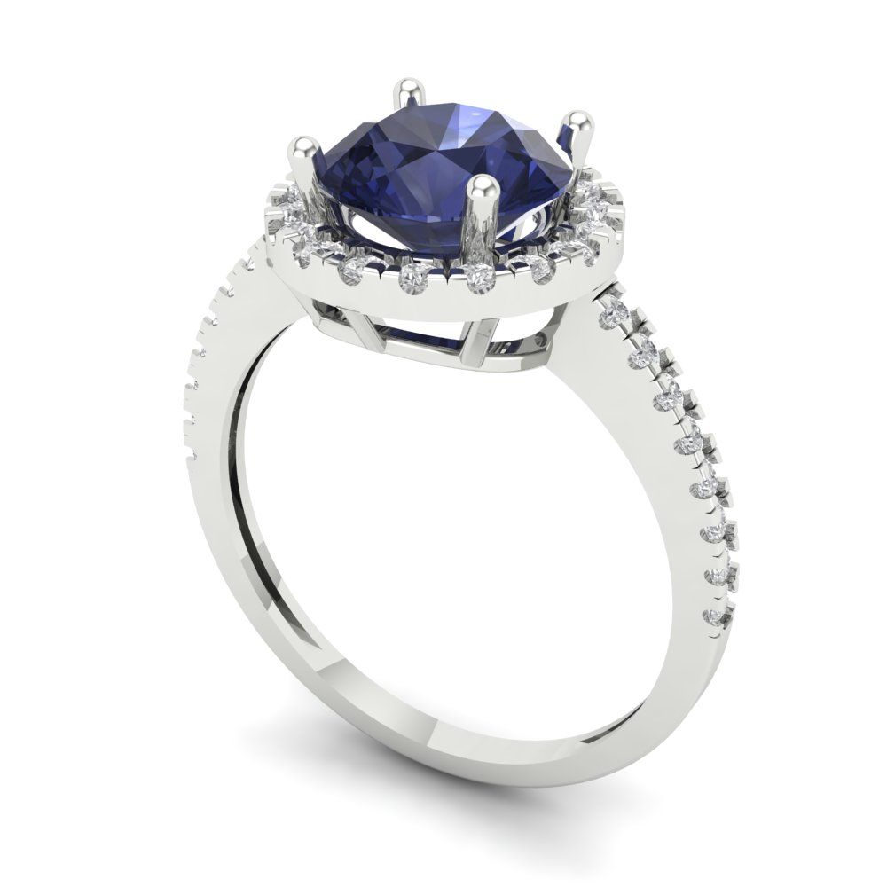 1.8 cttw Simulated Blue Sapphire Hidden Halo Engagement Ring - Solid Gold (Round Cut,7.5mm)