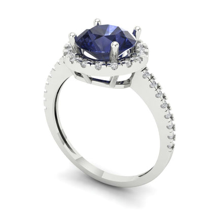 1.8 cttw Simulated Blue Sapphire Hidden Halo Engagement Ring - Solid Gold (Round Cut,7.5mm)