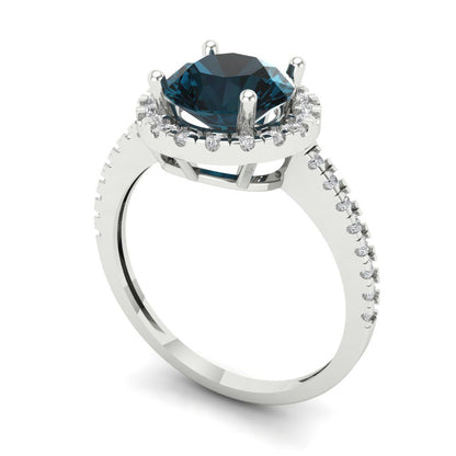 1.8 cttw Natural London Blue Topaz Hidden Halo Engagement Ring - Solid Gold (Round Cut,7.5mm)