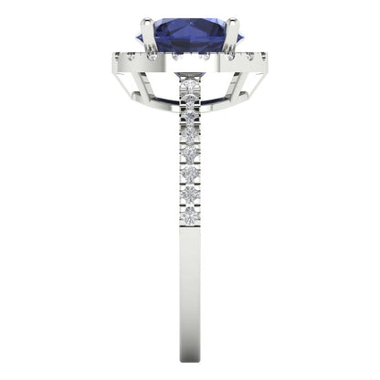 1.8 cttw Simulated Blue Sapphire Hidden Halo Engagement Ring - Solid Gold (Round Cut,7.5mm)