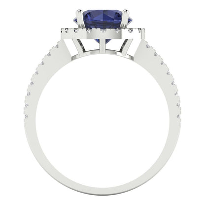 1.8 cttw Simulated Blue Sapphire Hidden Halo Engagement Ring - Solid Gold (Round Cut,7.5mm)
