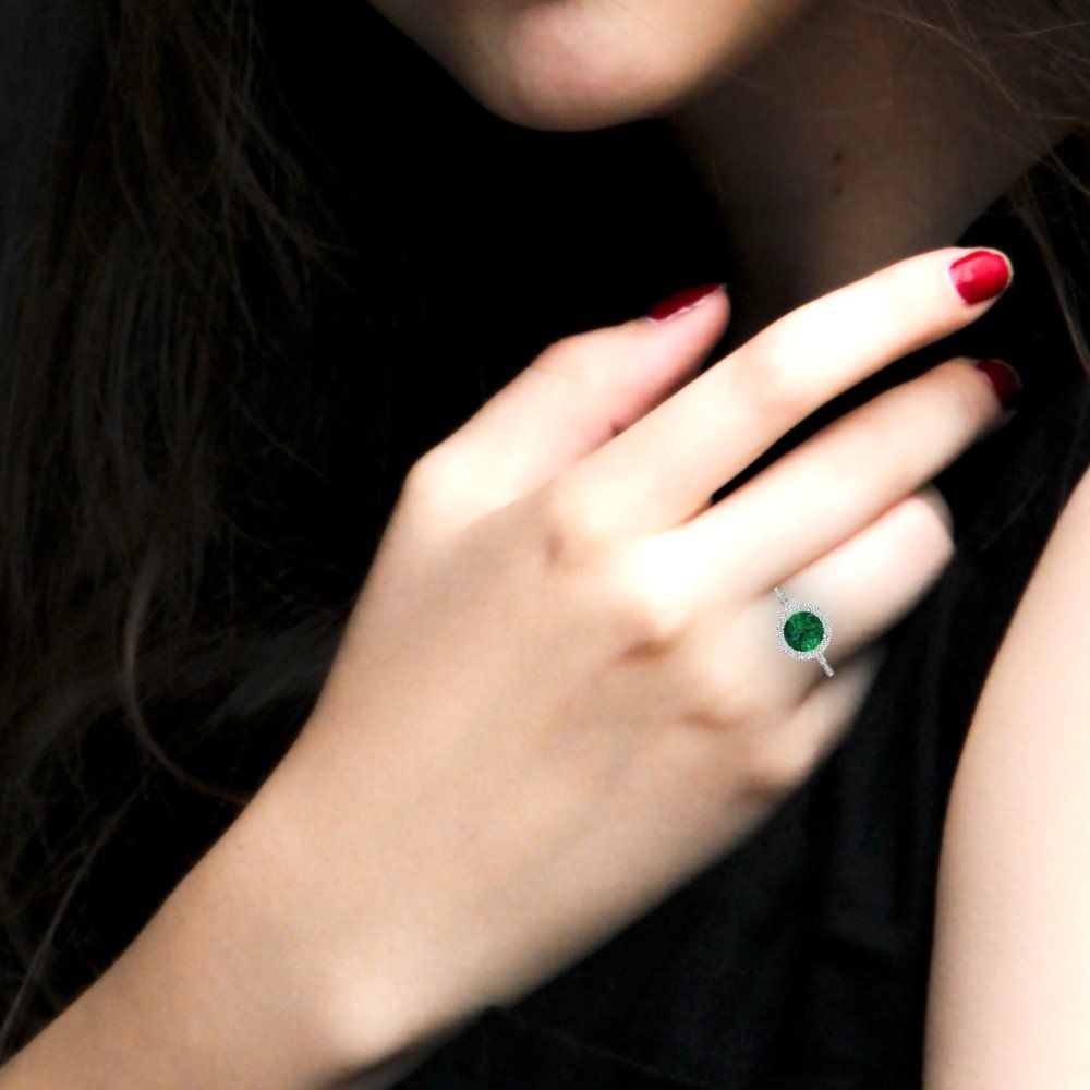 1.8 cttw Simulated Emerald Hidden Halo Engagement Ring - Solid Gold (Round Cut,7.5mm)