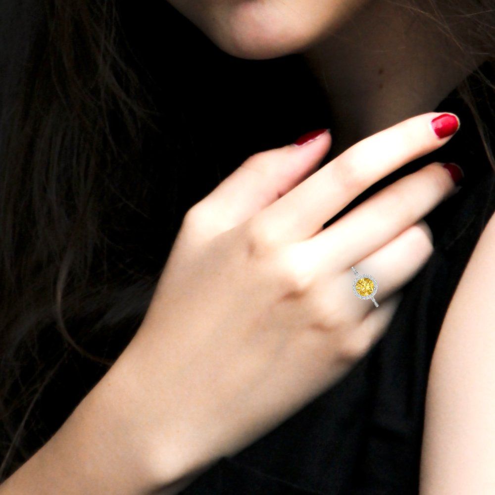 1.8 cttw Natural Citrine Hidden Halo Engagement Ring - Solid Gold (Round Cut,7.5mm)