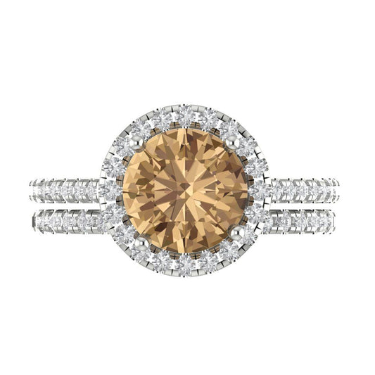 2.52 cttw Round Cut Simulated Champagne Diamond Bridal Set - Solid White Gold Engagement Ring & Wedding Band