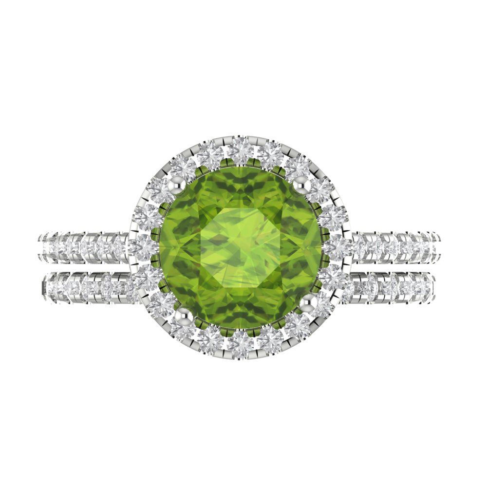 2.52 cttw Round Cut Natural Peridot Bridal Set - Solid White Gold Engagement Ring & Wedding Band