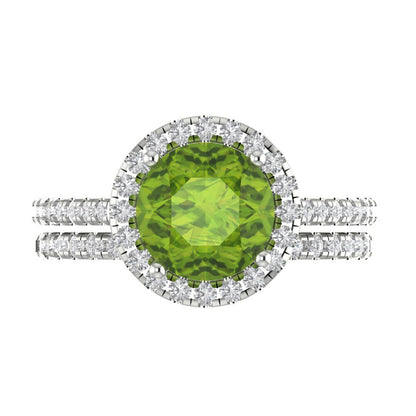 2.52 cttw Round Cut Natural Peridot Bridal Set - Solid White Gold Engagement Ring & Wedding Band