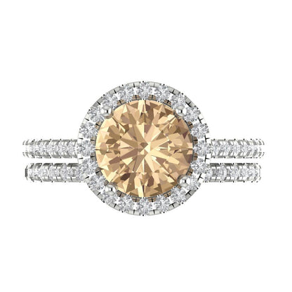 2.52 cttw Round Cut Yellow Moissanite Bridal Set - Solid White Gold Engagement Ring & Wedding Band
